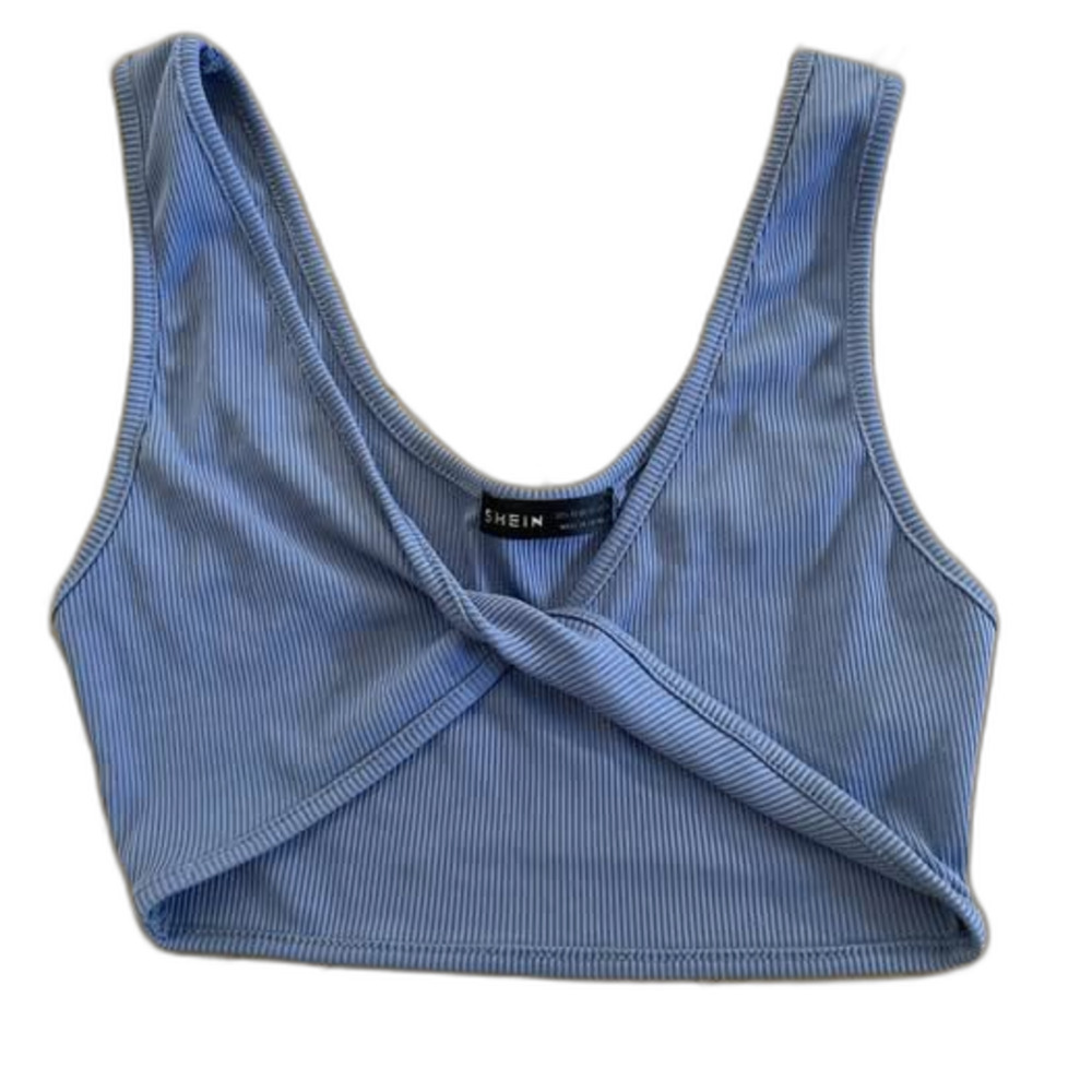 Shein Ribbed Twist Front Crop Top Light Blue Sleeveless Tank, Size XS